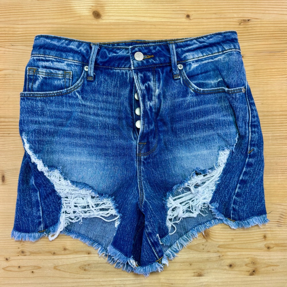Good American Distressed High Rise‎ Denim Shorts Size 26 Frayed Hem Medium Wash